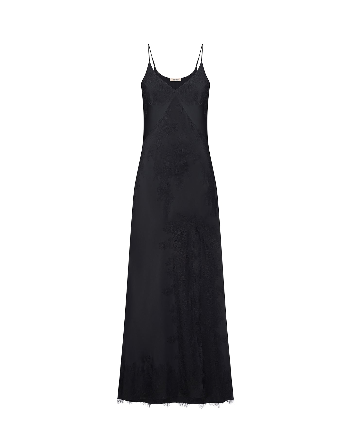 Шовкова сукня максі з розрізом та мереживом