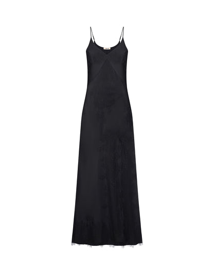 Шовкова сукня максі з розрізом та мереживом