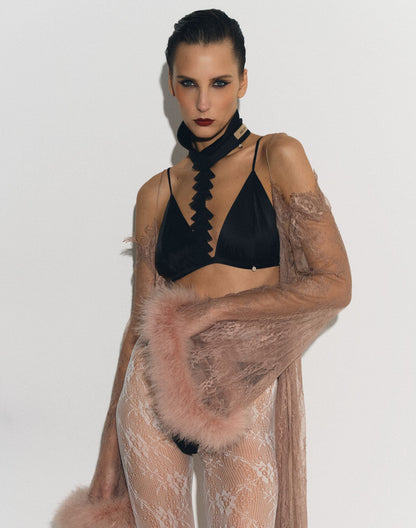 Lace cape with feathers