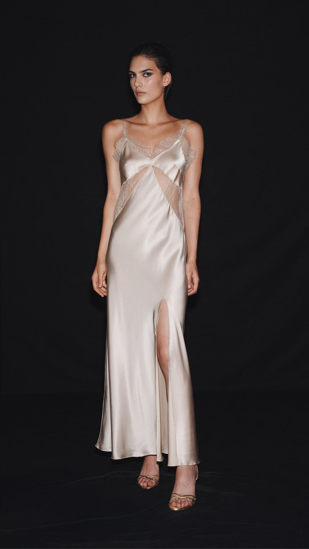 Silk dress with a slit and lace