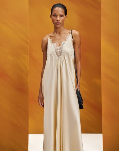 Silk maxi dress with lace