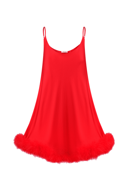 Silk mini dress with feathers