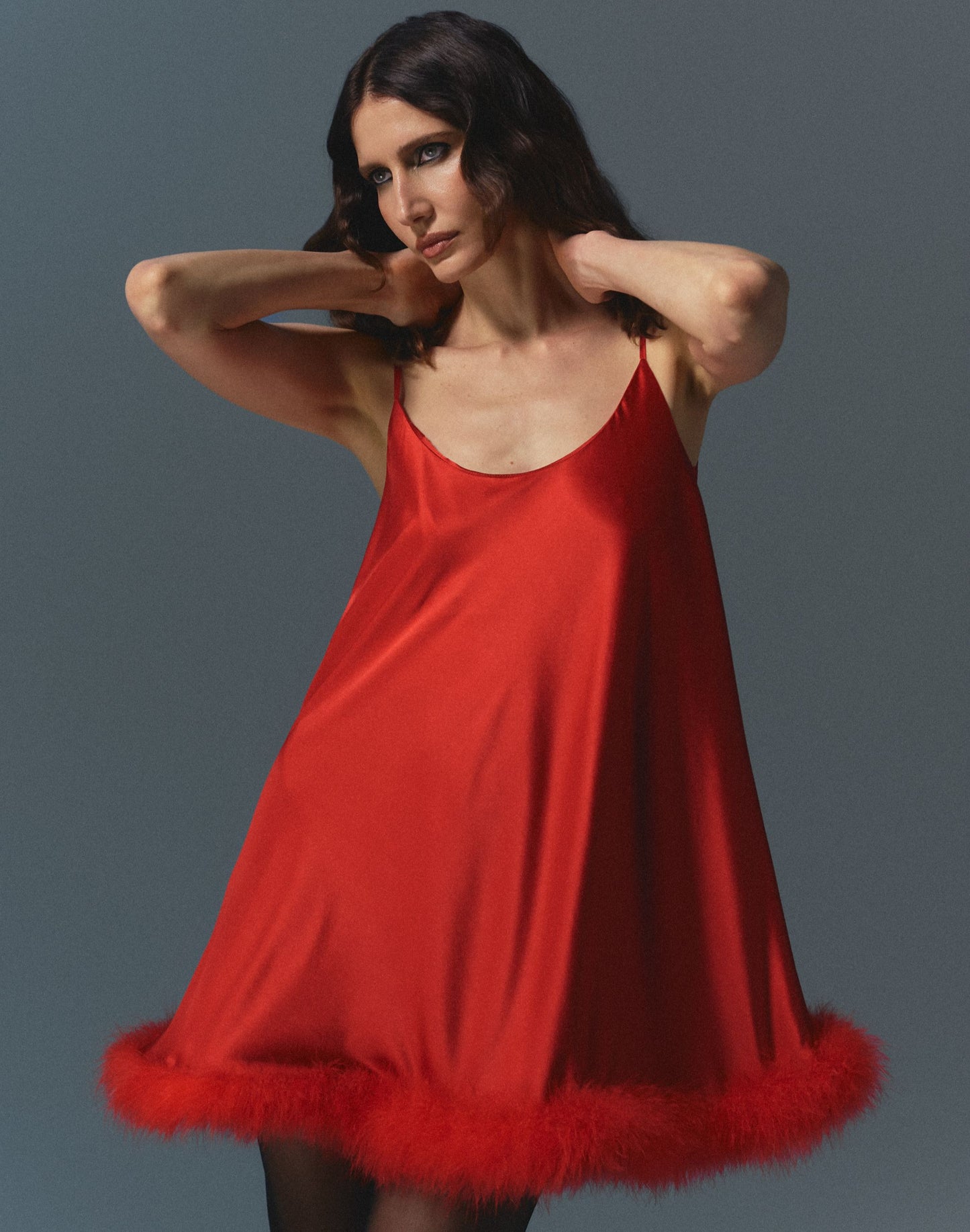 Silk mini dress with feathers